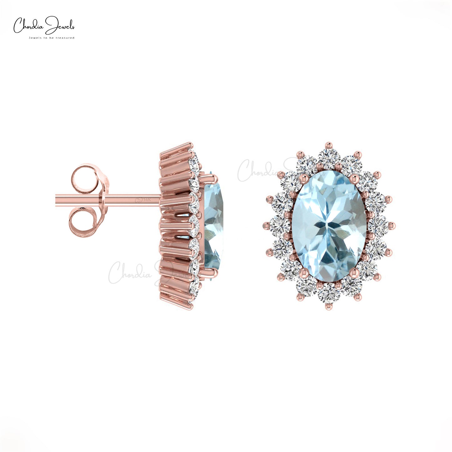 Load image into Gallery viewer, Diamond Oval Halo Aquamarine Stud Earrings in 14k Gold
