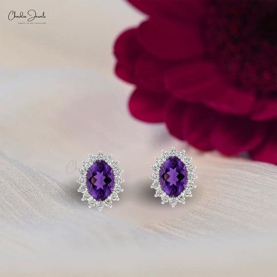 Genuine Purple Amethyst 6x4mm Oval Cut Halo Earrings, 14 Solid Gold April Birthstone Diamond Wedding Earrings, 0.88 Ct Gemstone Hallmarked Jewelry For Her