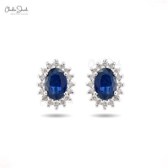 1.16 Carat Oval Cut Natural  Blue Sapphire Earrings For Anniversary, 14k Solid White Gold Diamond and Gemstone Halo Earrings For Birthday Gift