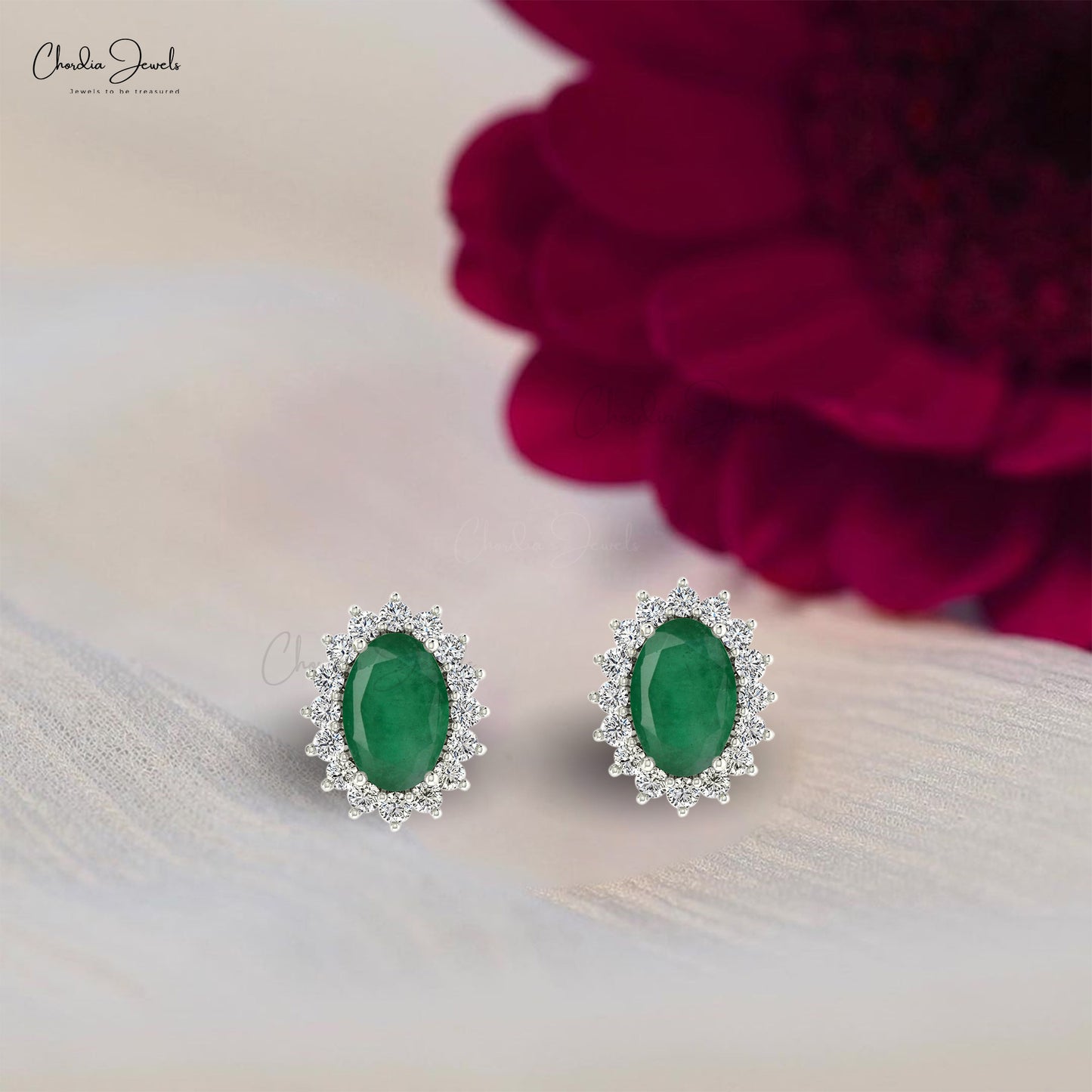 Green Emerald Halo Earrings 14k Real Gold Dainty Diamond Classic Earrings 6x4mm Natural Oval Cut Gemstone Grace Jewelry For Her