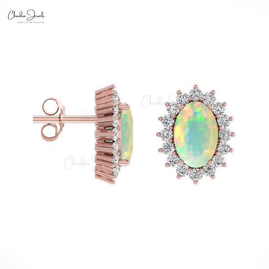 6x4mm Prong Set Opal And Diamond Oval Halo Earrings