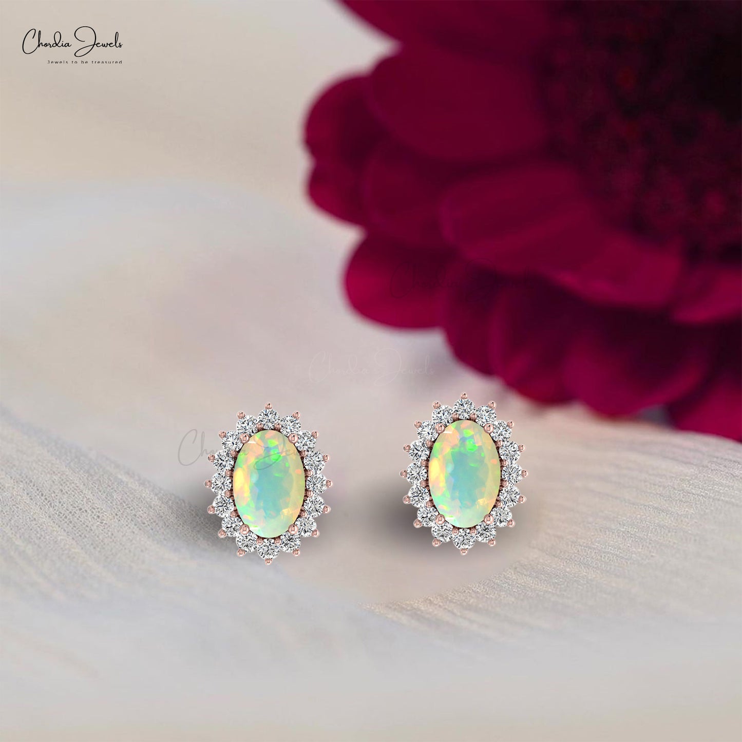 6x4mm Prong Set Opal And Diamond Oval Halo Earrings