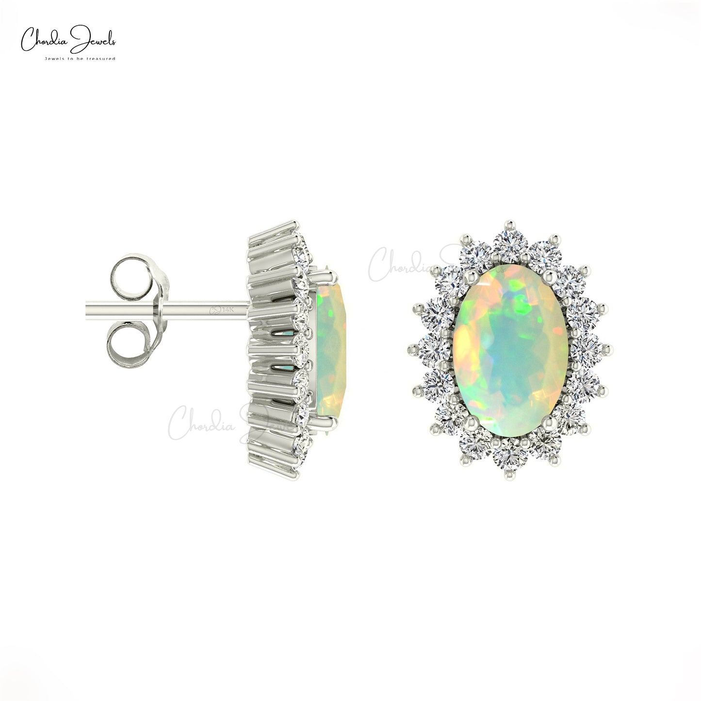 Load image into Gallery viewer, 6x4mm Prong Set Opal And Diamond Oval Halo Earrings
