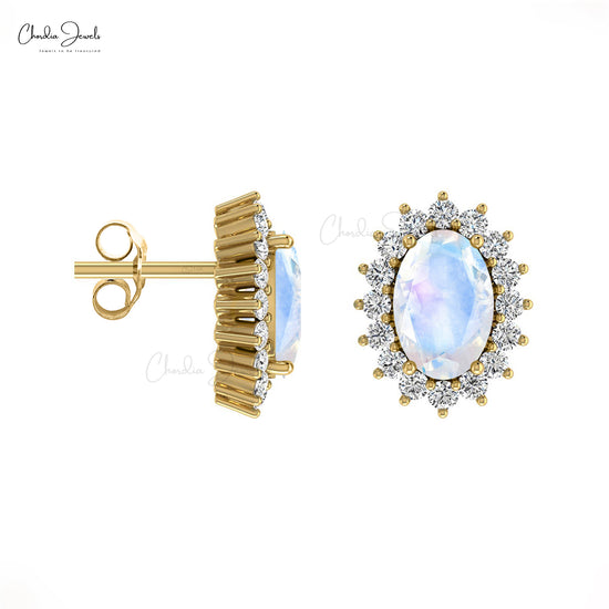 Load image into Gallery viewer, 6x4mm Rainbow Moonstone Stud Earrings With Prong Set Diamond Halo
