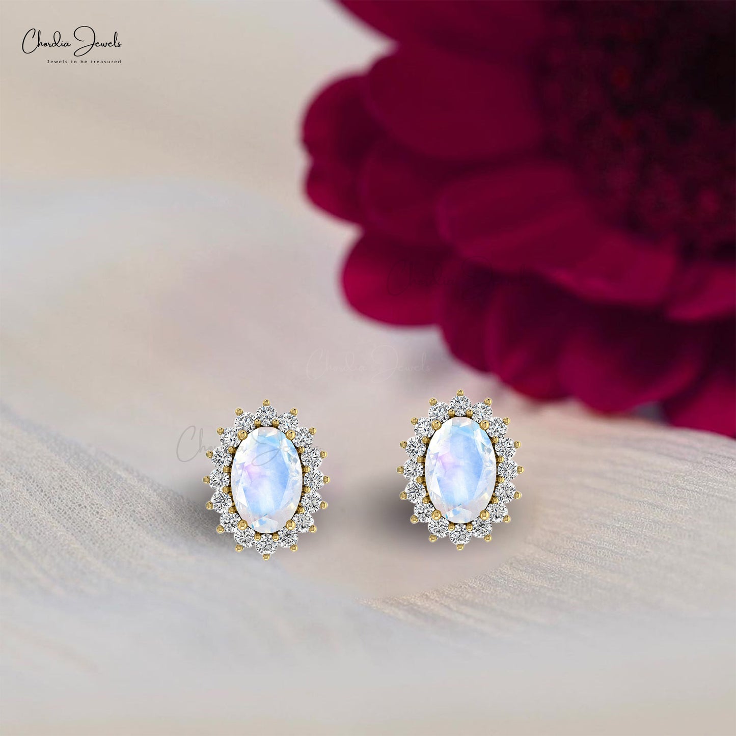 Load image into Gallery viewer, 6x4mm Rainbow Moonstone Stud Earrings With Prong Set Diamond Halo
