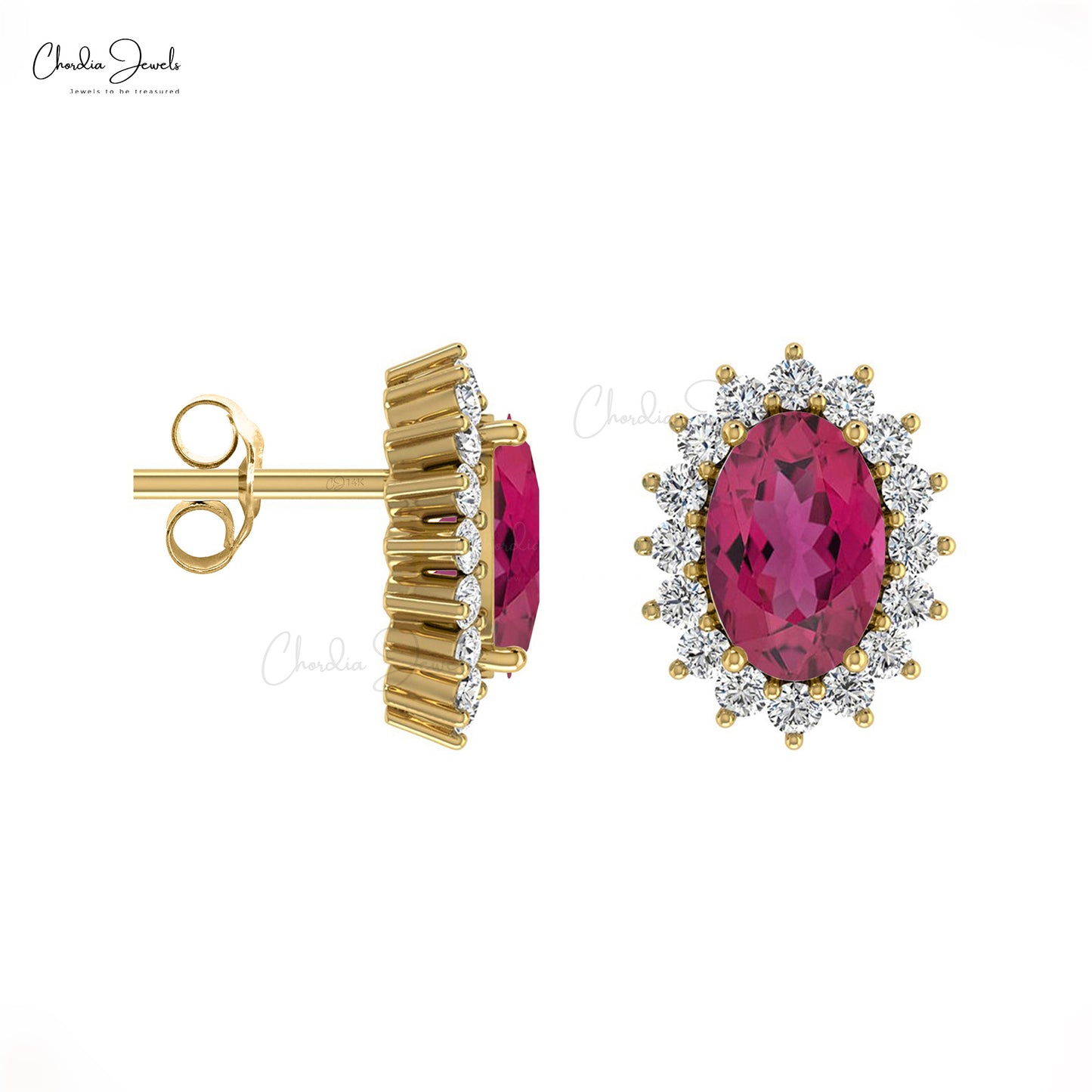 AAA Pink Tourmaline Diamond Earrings 14k Solid Gold White Diamond Earrings For Anniversary Gift