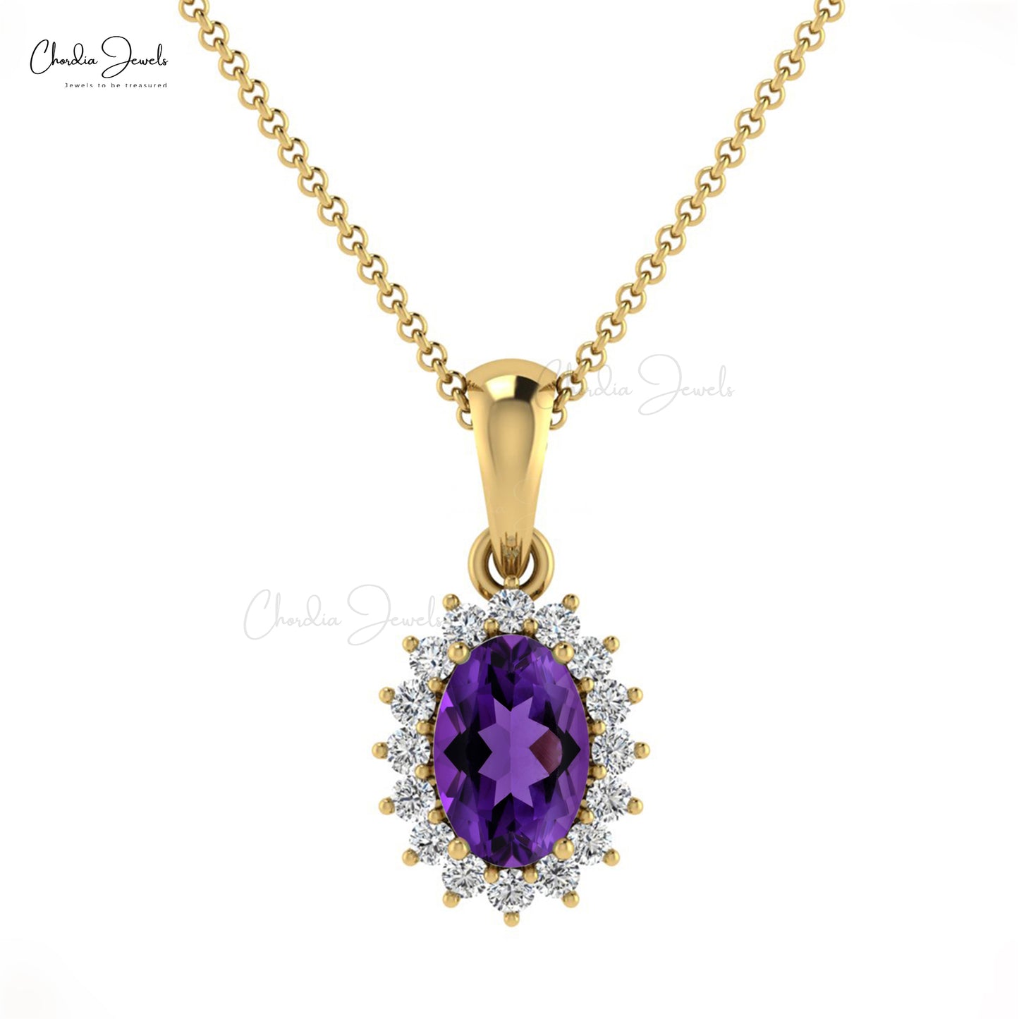 Natural Amethyst Pendant, 14k Solid Gold Diamond Pendant, 6x4mm Oval Cut February Birthstone Pendant