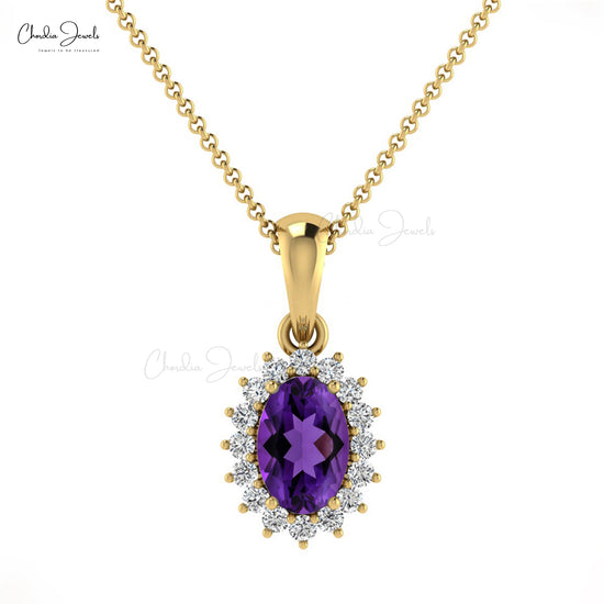 Load image into Gallery viewer, Natural Amethyst Pendant, 14k Solid Gold Diamond Pendant, 6x4mm Oval Cut February Birthstone Pendant

