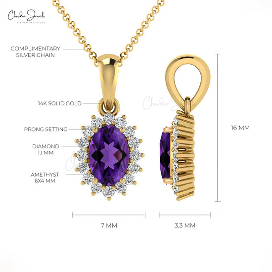 Load image into Gallery viewer, Natural Amethyst Pendant, 14k Solid Gold Diamond Pendant, 6x4mm Oval Cut February Birthstone Pendant
