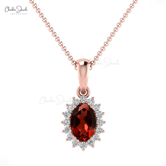 Load image into Gallery viewer, Classic 6x4mm Red Garnet Halo Pendant With Diamonds
