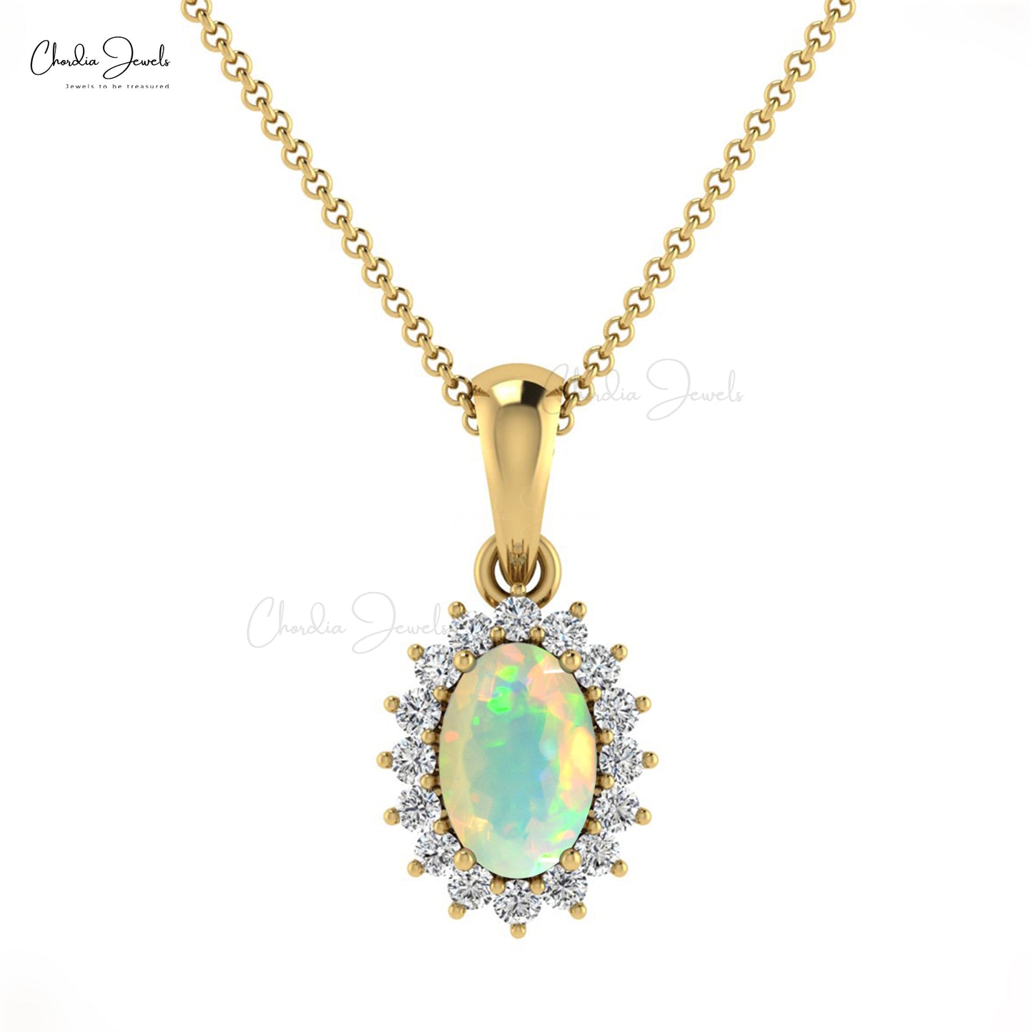 Claw Set 6x4mm Oval Shaped Opal Pendant with Diamond Halo