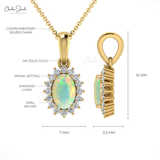 Load image into Gallery viewer, Claw Set 6x4mm Oval Shaped Opal Pendant with Diamond Halo
