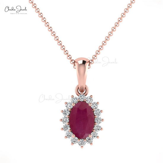 Load image into Gallery viewer, Unique 6x4mm Oval Shaped Red Ruby Pendant With Diamond Halo
