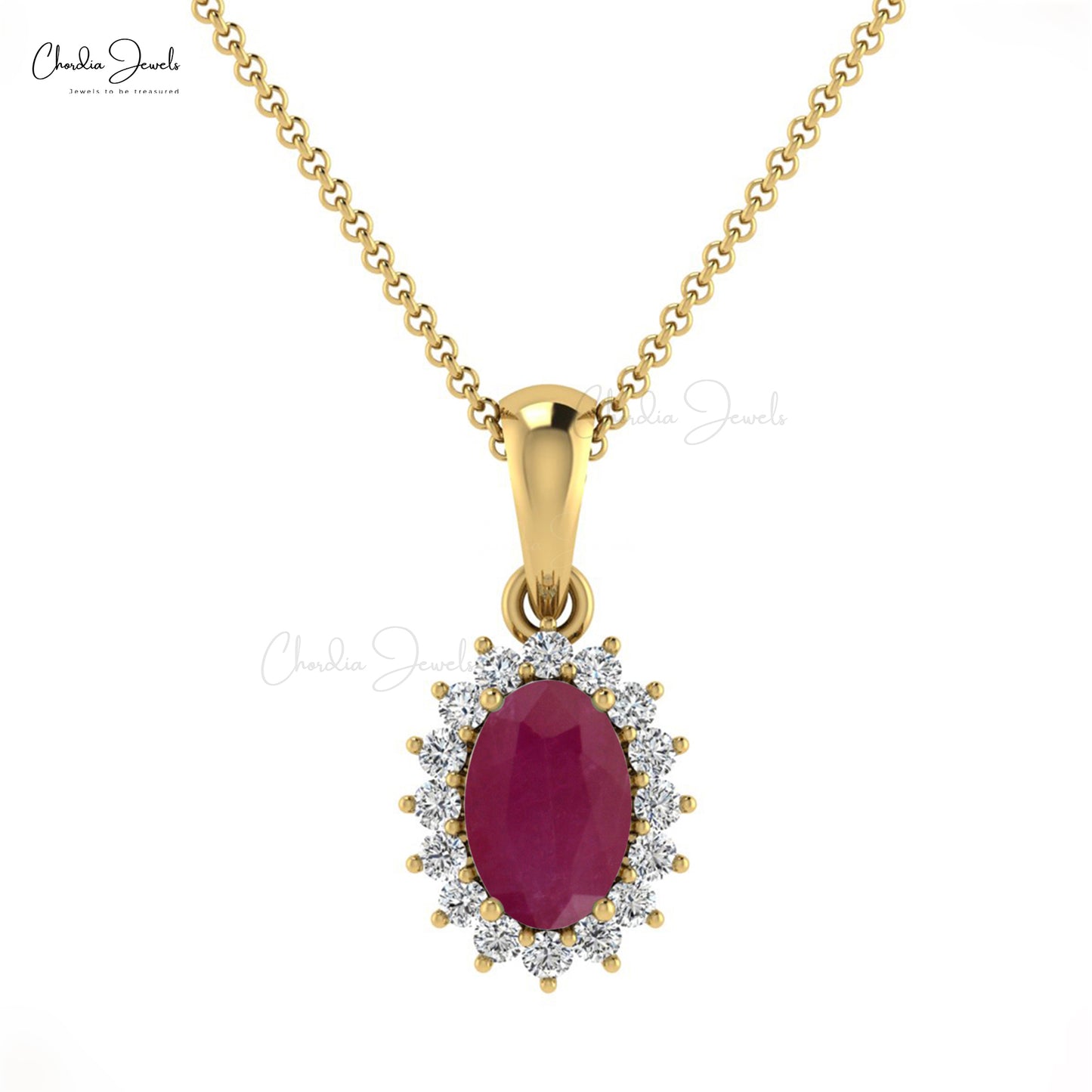 Load image into Gallery viewer, Unique 6x4mm Oval Shaped Red Ruby Pendant With Diamond Halo
