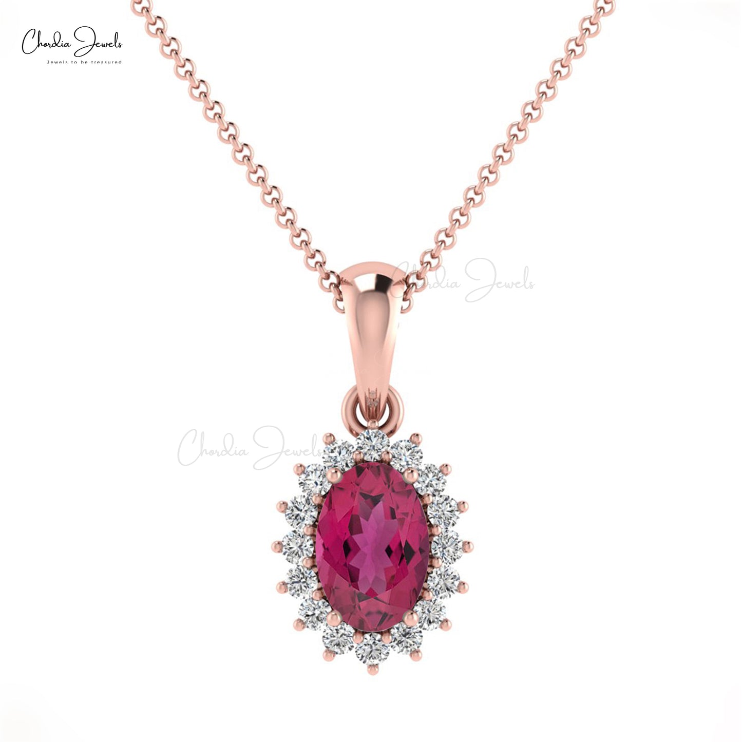 6x4mm Pink Tourmaline Women Pendant with Diamond Halo Style