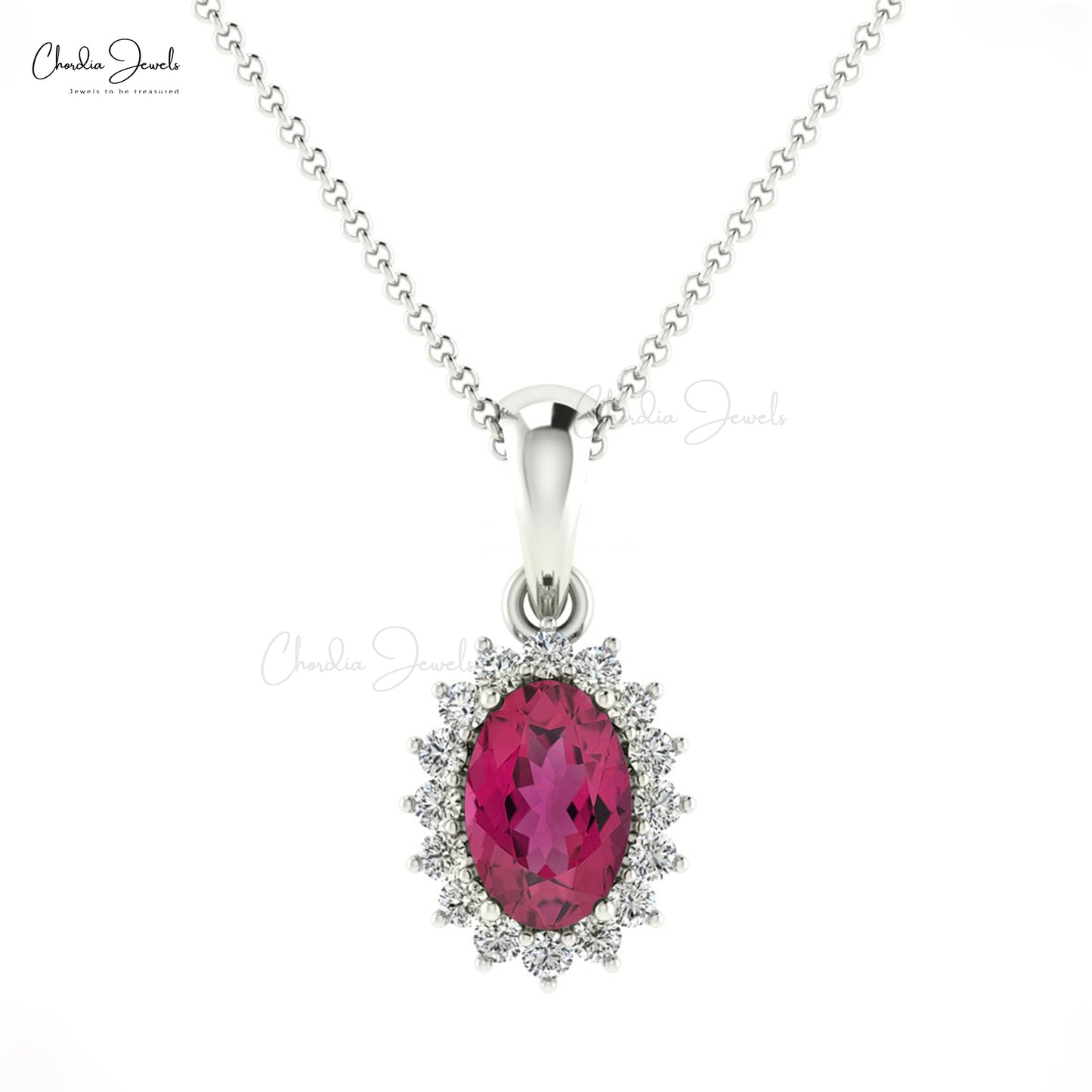 6x4mm Pink Tourmaline Women Pendant with Diamond Halo Style