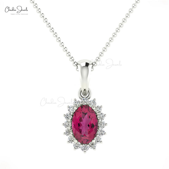 6x4mm Pink Tourmaline Women Pendant with Diamond Halo Style