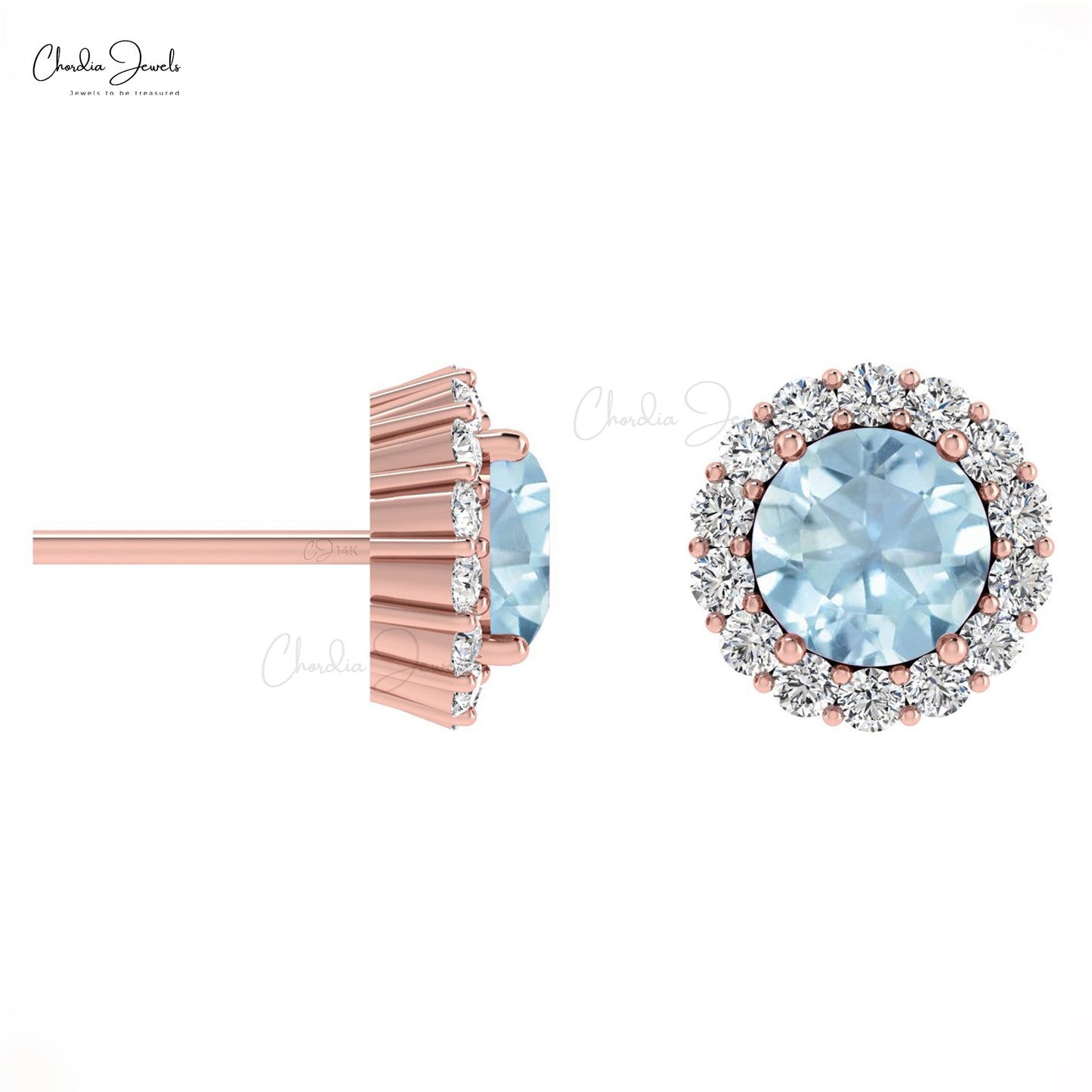 Load image into Gallery viewer, Brilliant Cut Diamond Halo Earring with Round Cut Aquamarine Stone
