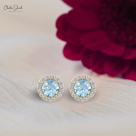 Load image into Gallery viewer, Brilliant Cut Diamond Halo Earring with Round Cut Aquamarine Stone
