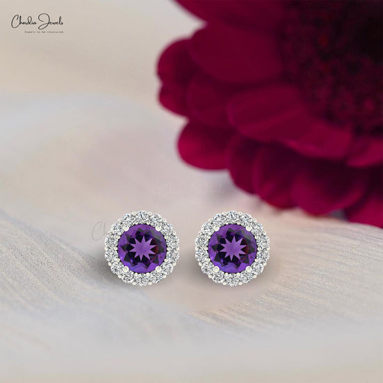 Load image into Gallery viewer, Diamond Amethyst Stud Earring in round cut
