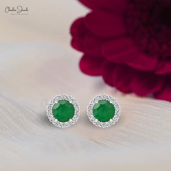Load image into Gallery viewer, Delicate Emerald Prong Set Earrings 4mm Round Cut Natural Gemstone Halo Studs 14k Real Gold G-H Diamond Minimalist Jewelry For Fiance Gift
