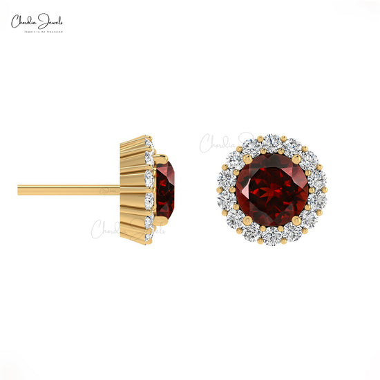 Natural 4mm Round Cut Garnet And Diamond Halo Earrings