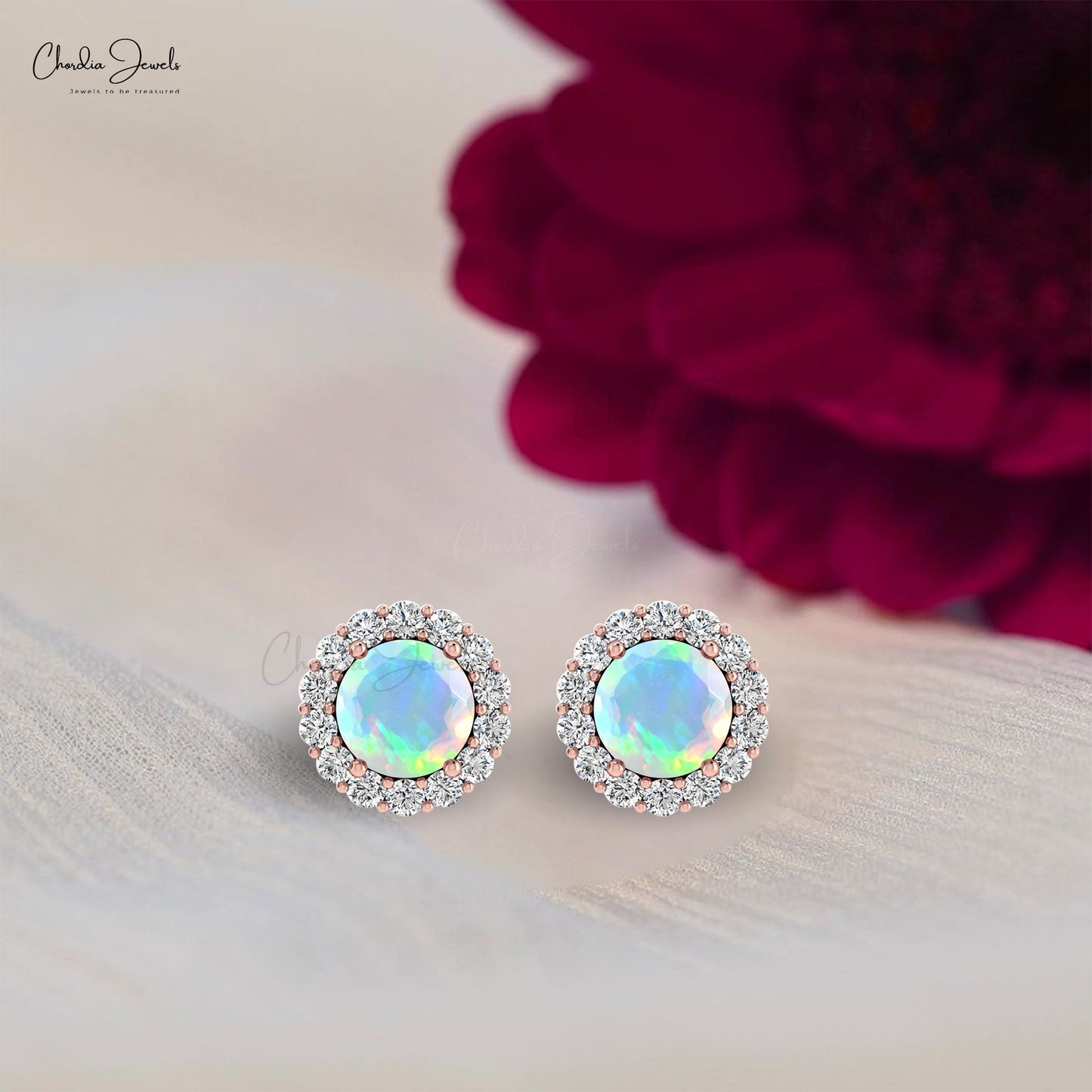 Vintage Inspired Round Cut Opal Diamond Halo Stud Earrings