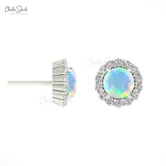 Vintage Inspired Round Cut Opal Diamond Halo Stud Earrings