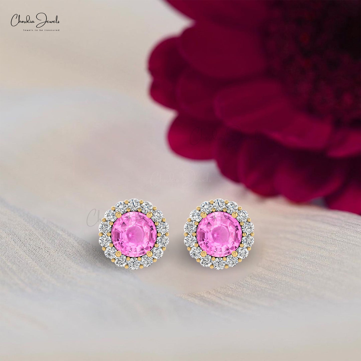 Load image into Gallery viewer, September Birthstone 4mm Round Cut Natural Pink Sapphire Halo Earrings 14k Solid Gold G-H Diamond Hallmarked Jewelry

