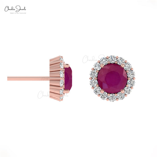 Genuine 4mm Red Ruby Halo Diamond Stud Earrings