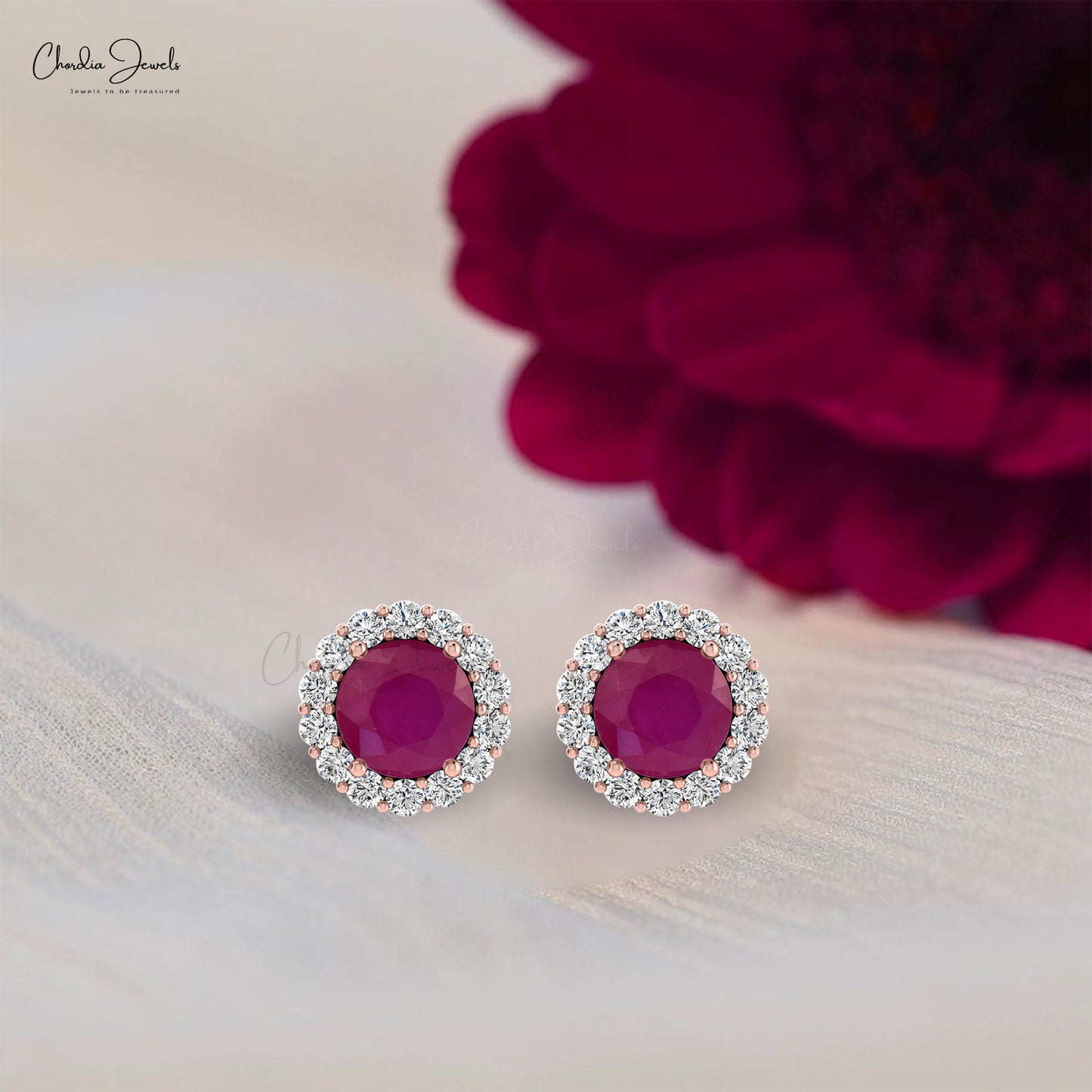 Genuine 4mm Red Ruby Halo Diamond Stud Earrings