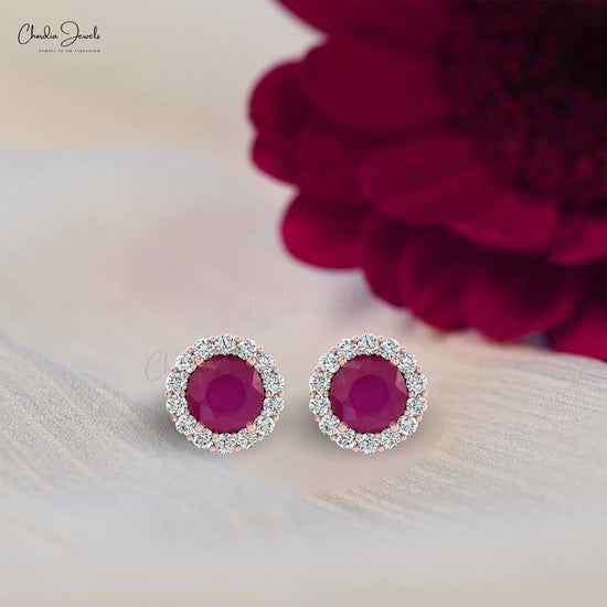 Load image into Gallery viewer, Genuine 4mm Red Ruby Halo Diamond Stud Earrings

