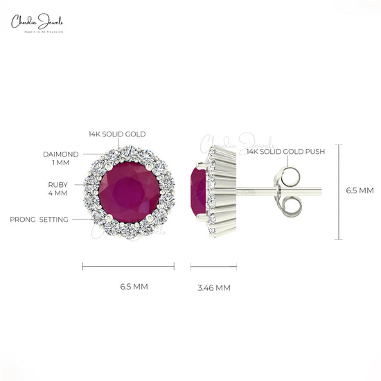 Genuine 4mm Red Ruby Halo Diamond Stud Earrings