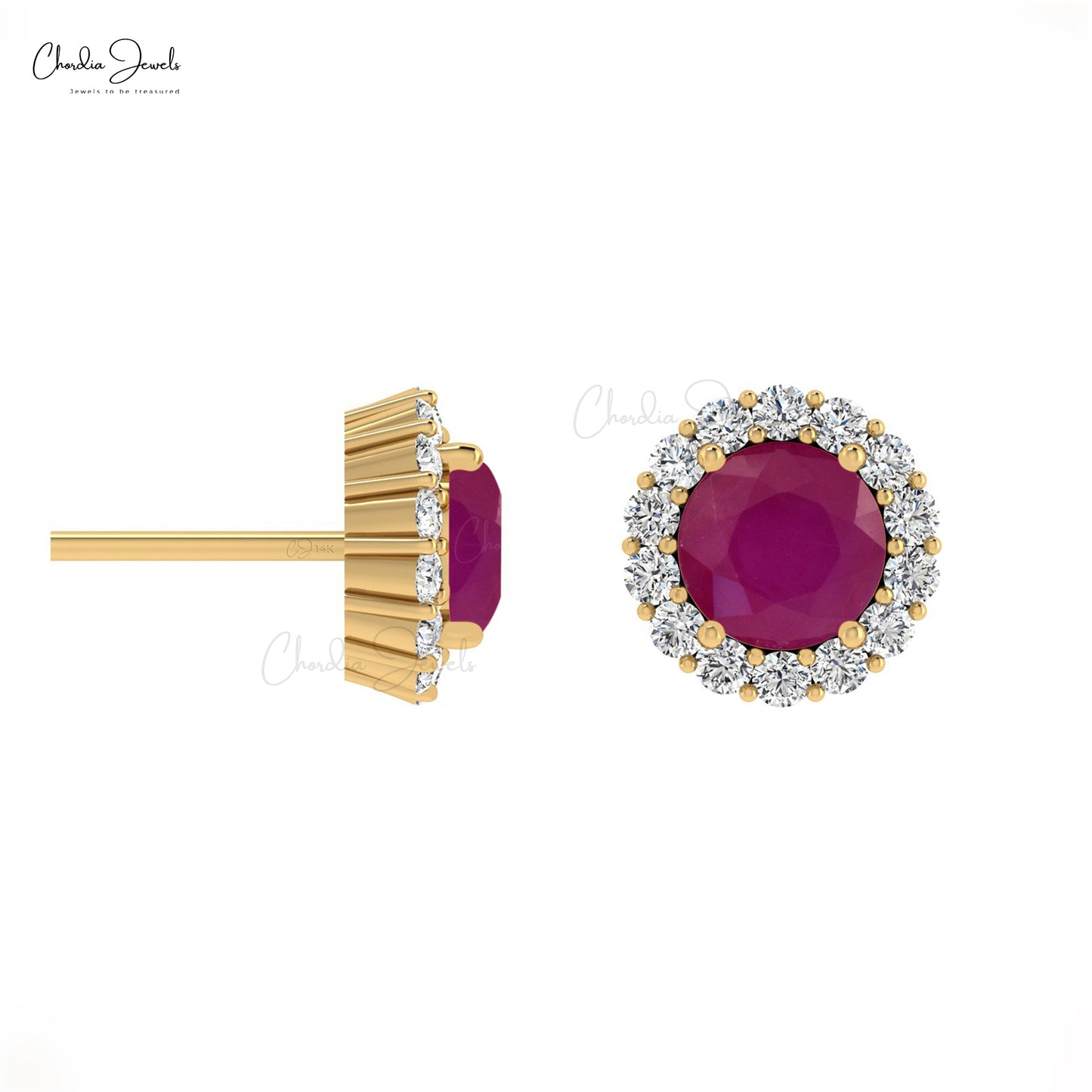 Genuine 4mm Red Ruby Halo Diamond Stud Earrings