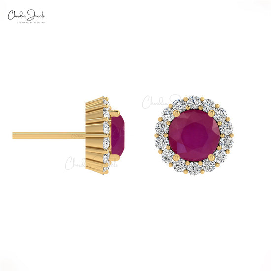 Prong Set 0.46Ct Red Ruby And Diamond Halo Earrings in Real 14k Gold Jewelry