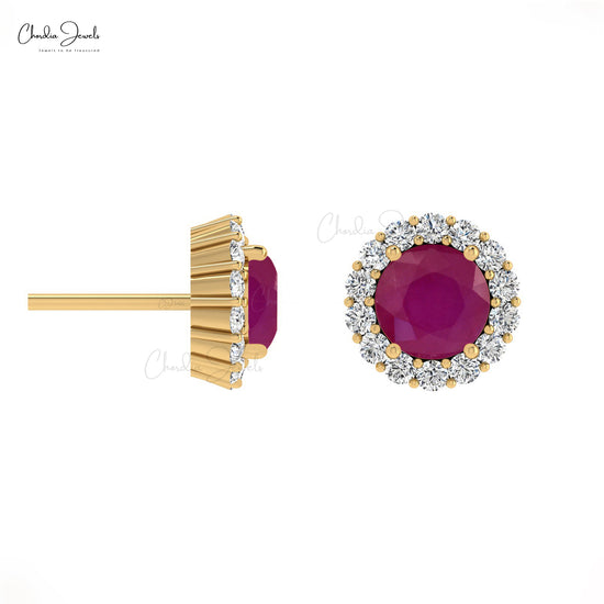 Genuine 4mm Red Ruby Halo Diamond Stud Earrings