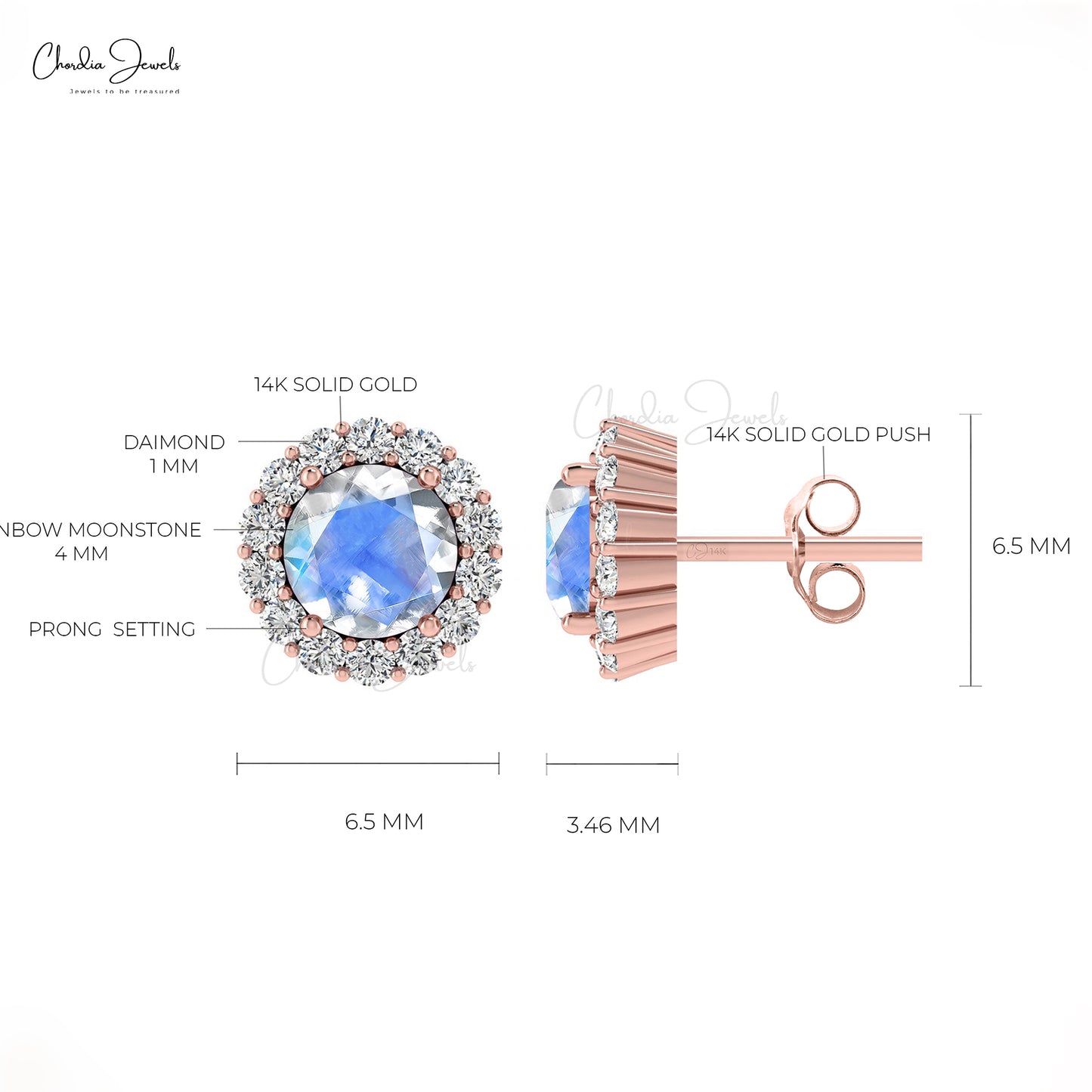 4mm Round Cut Moonstone And Diamond Halo Earrings For Her