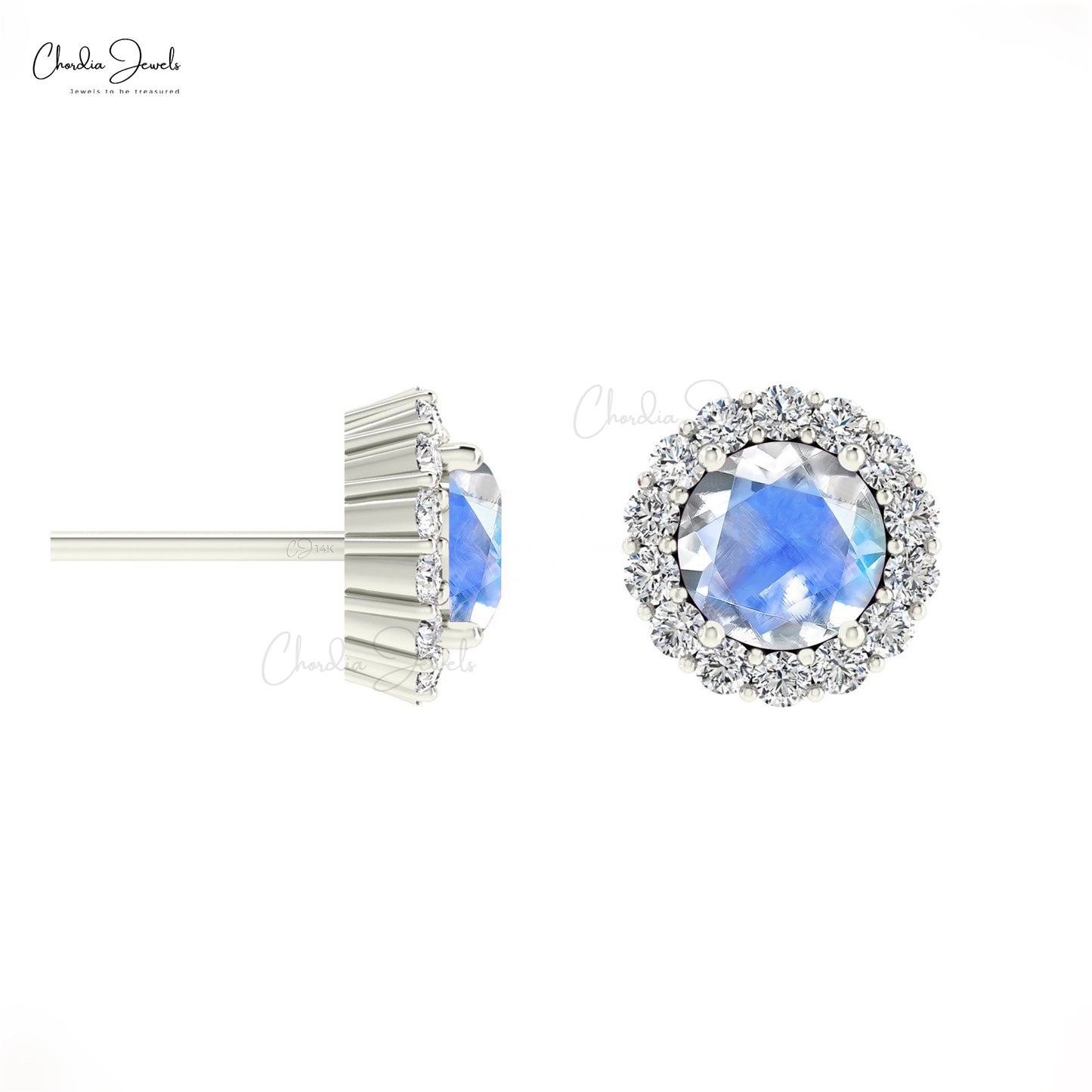 4mm Round Cut Moonstone And Diamond Halo Earrings For Her