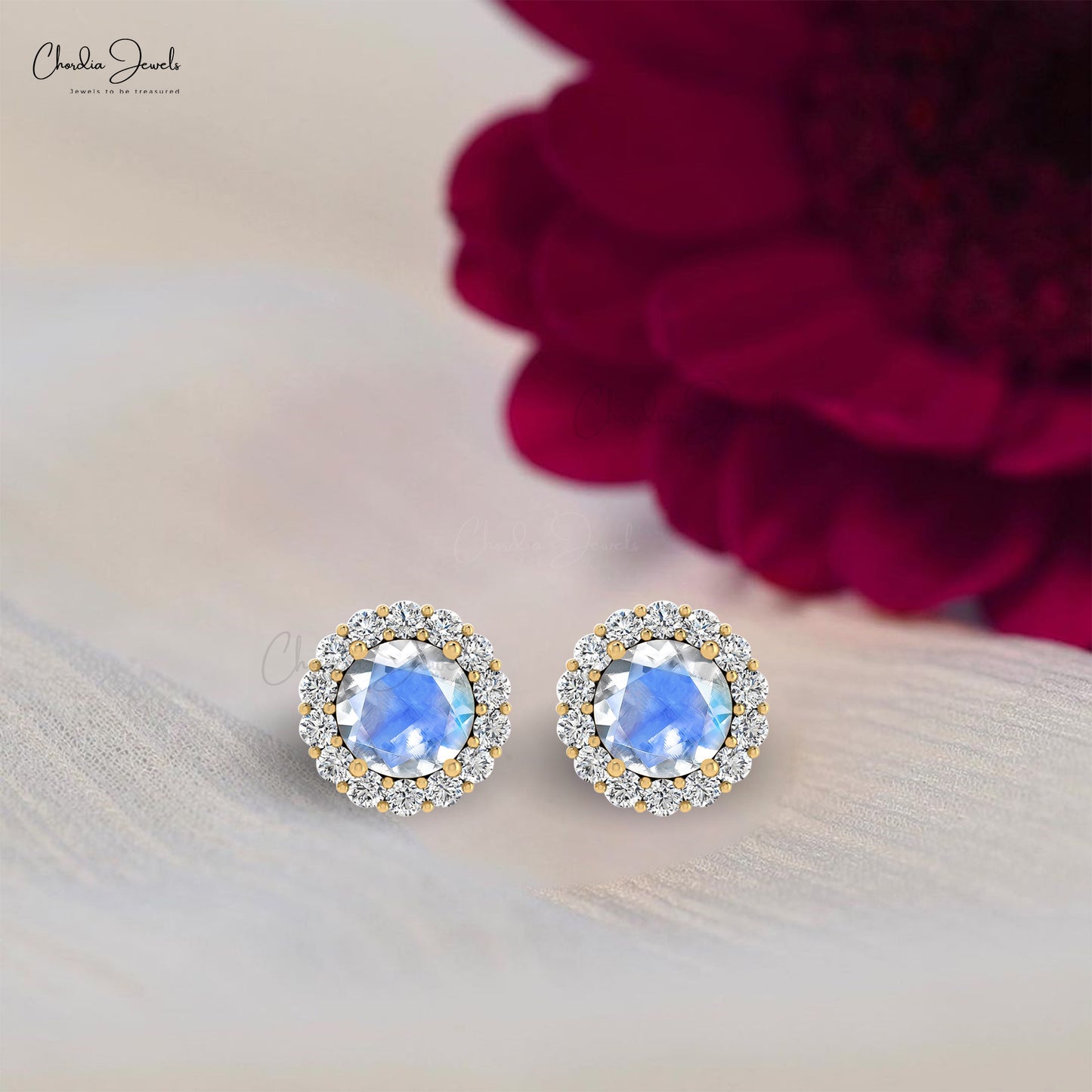 4mm Round Cut Moonstone And Diamond Halo Earrings For Her