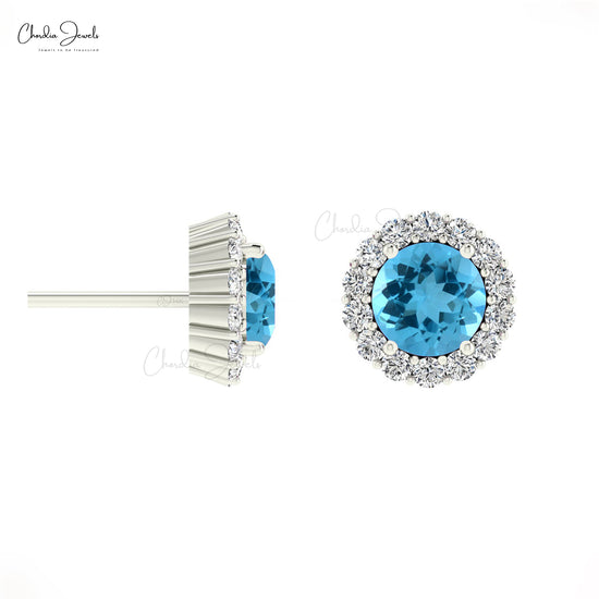 Unique 4mm Swiss Blue Topaz Halo Stud Earring For Women