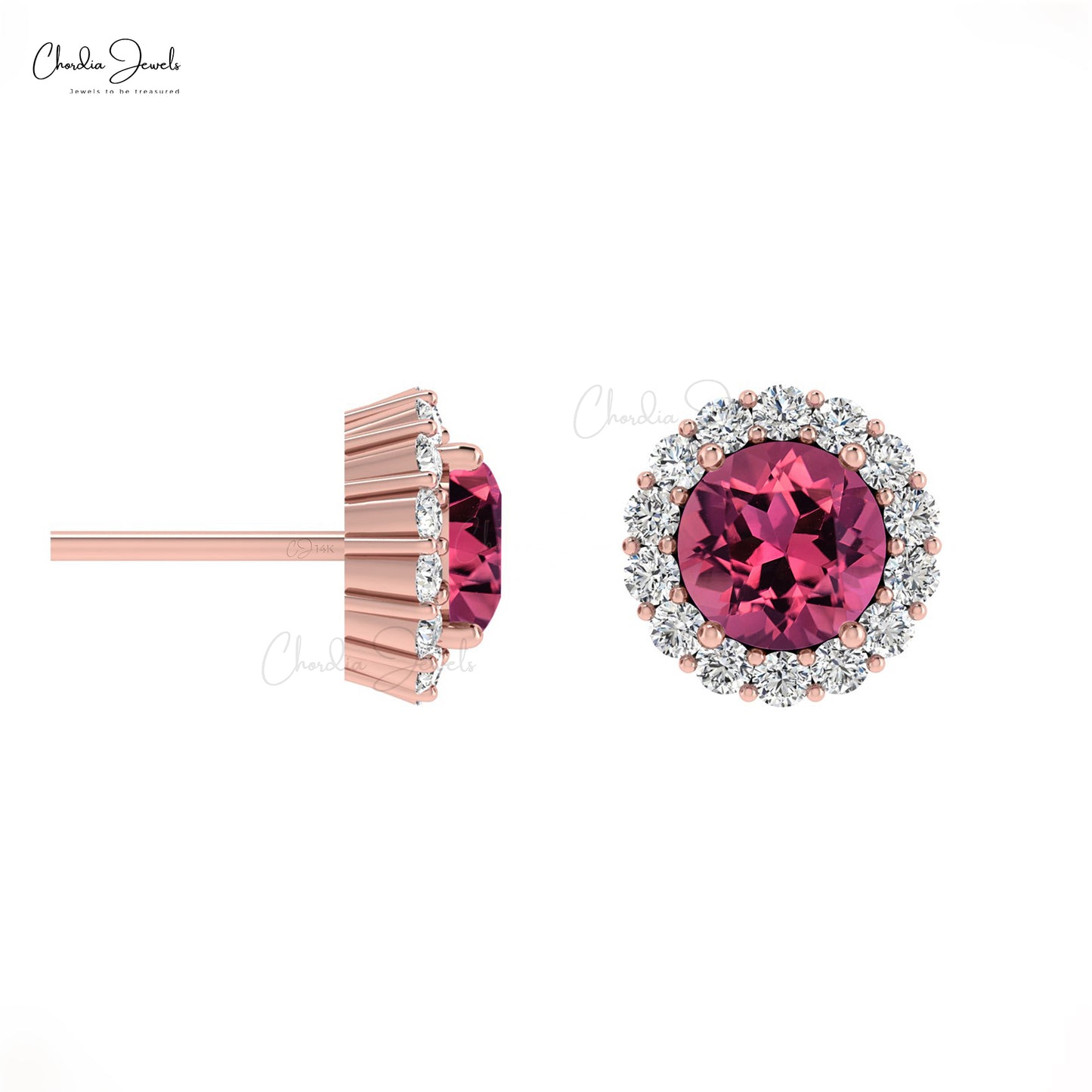 4mm Round Cut Pink Tourmaline Stud Earrings With Diamond Halo