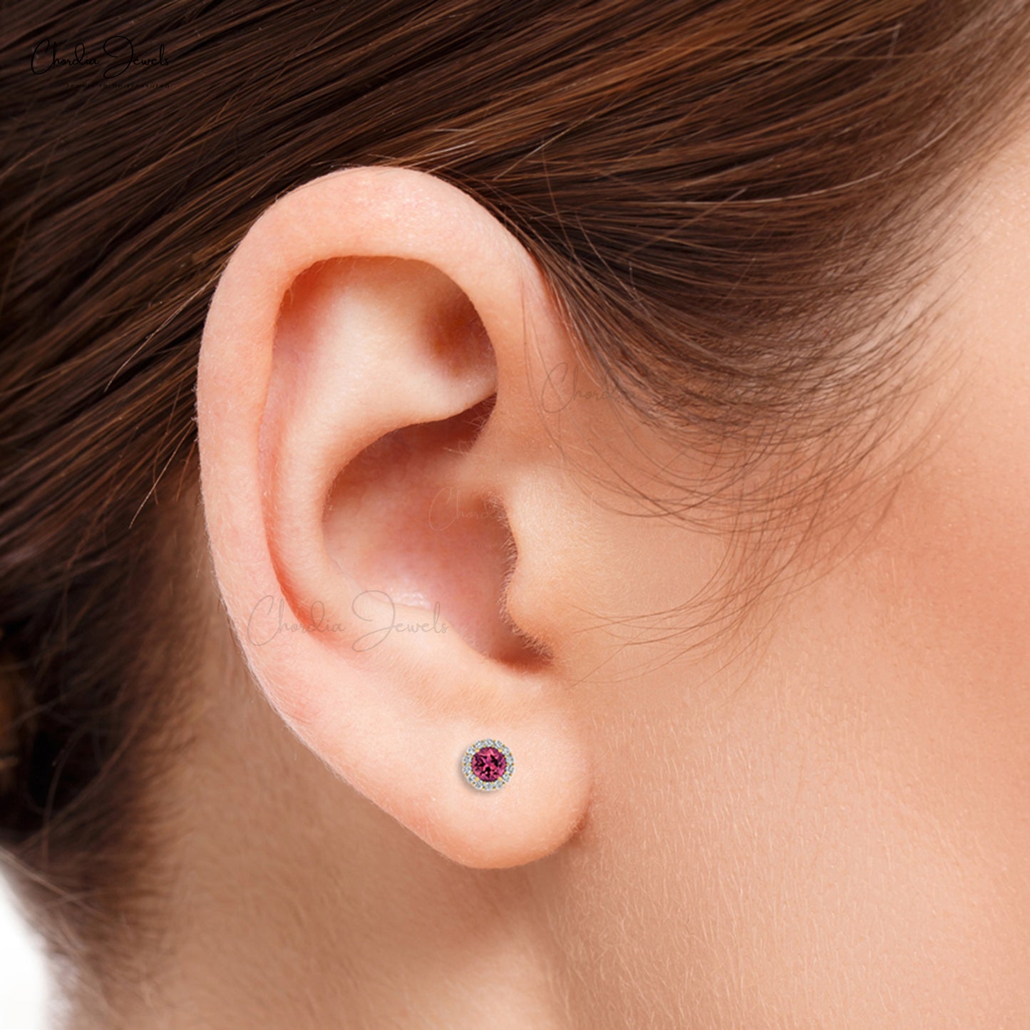4mm Round Cut Pink Tourmaline Stud Earrings With Diamond Halo