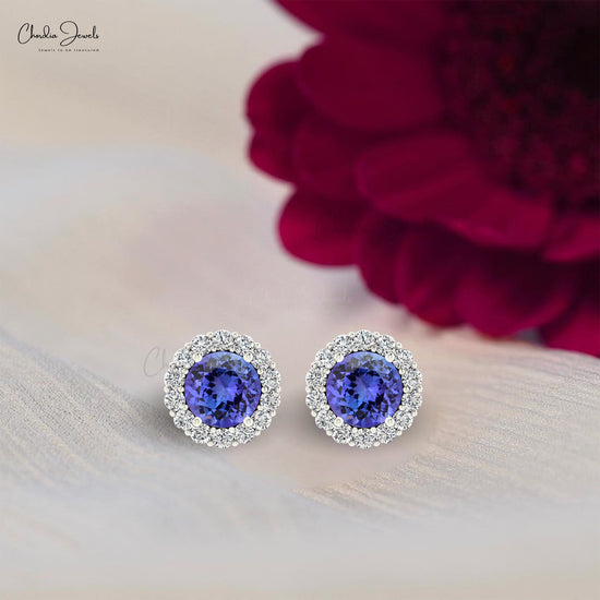 Real Blue Tanzanite Halo Earrings 14k Real Gold Diamond Push Back Studs 4mm Brilliant Round Cut Natural Gemstone Light Weight Jewelry For Surprise Gift