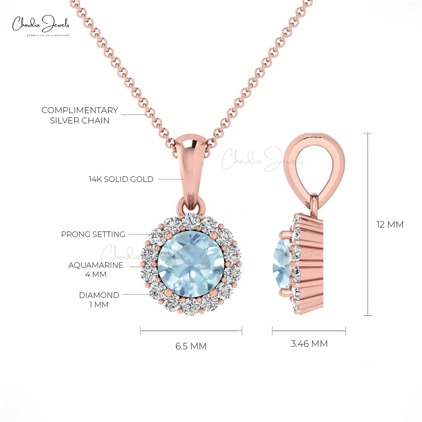 Round Cut Aquamarine Diamond Halo pendant for women