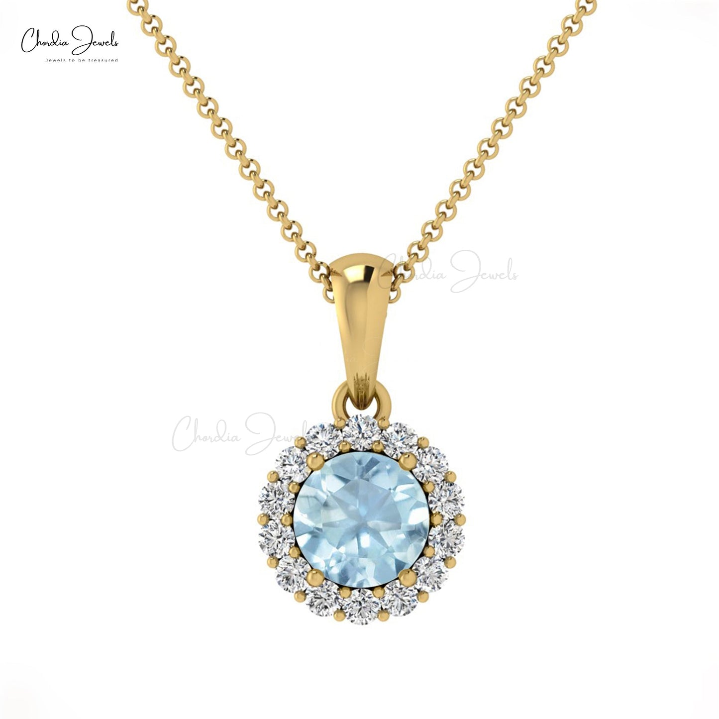 Real 14k Gold Halo Pendant with 4mm Aquamarine And Diamond Hallmark Necklace