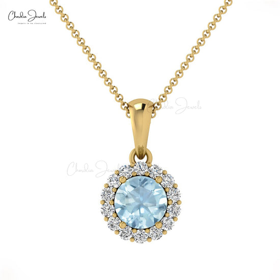Real 14k Gold Halo Pendant with 4mm Aquamarine And Diamond Hallmark Necklace