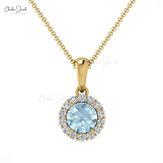 Round Cut Aquamarine Diamond Halo pendant for women