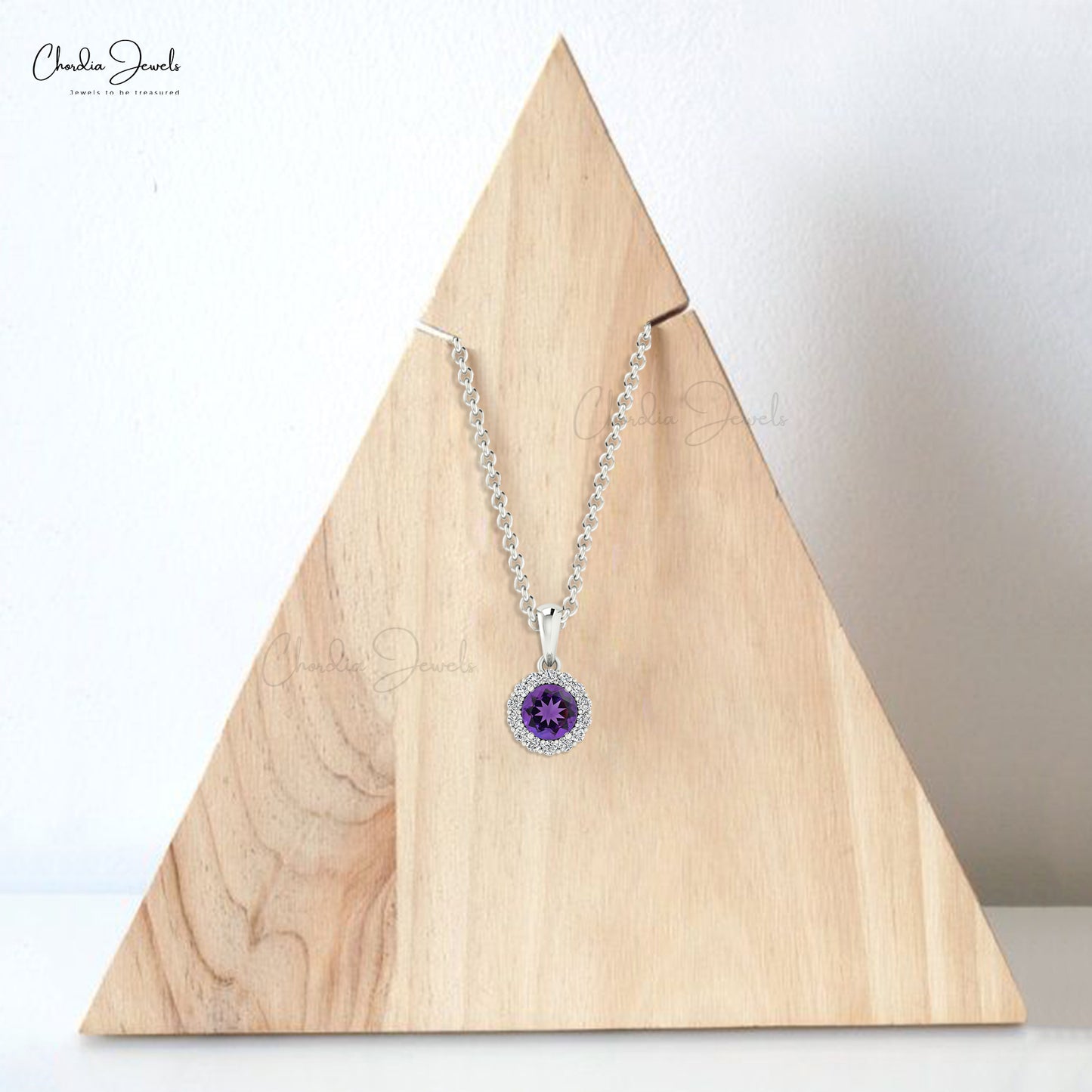 Natural Amethyst Pendant, 14k Solid Gold Diamond Pendant, 4mm Round Cut Gemstone Halo Pendant Gift for Wife