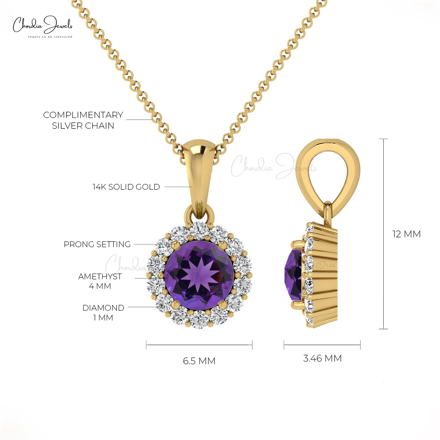Load image into Gallery viewer, Natural Amethyst Pendant, 14k Solid Gold Diamond Pendant, 4mm Round Cut Gemstone Halo Pendant Gift for Wife
