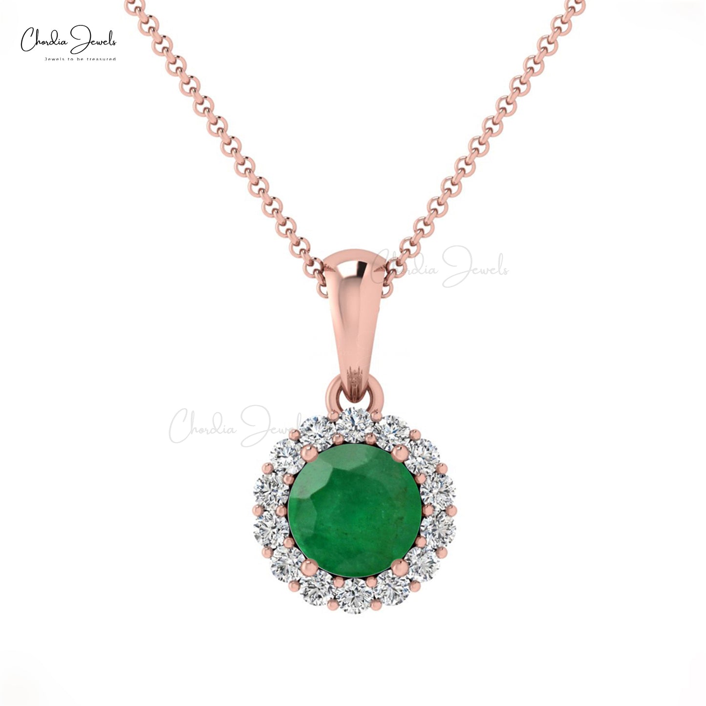 Genuine Diamond Halo Emerald Pendant In 14k Real Gold May Birthstone Handcrafted Pendant